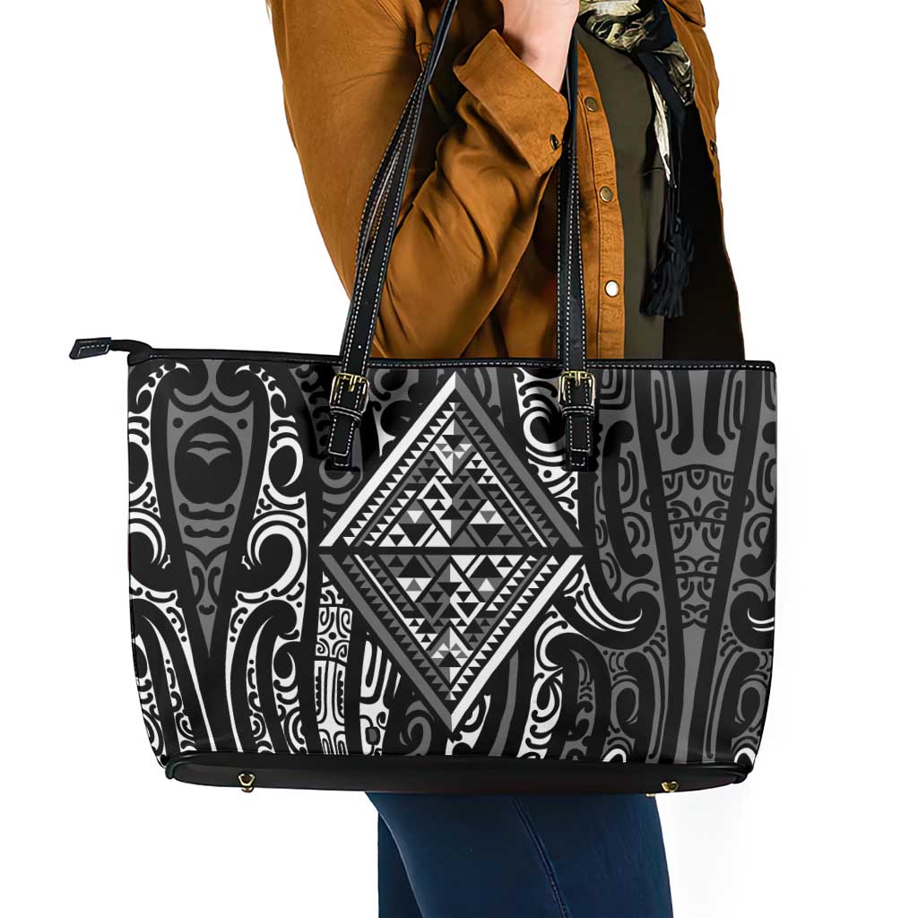 New Zealand Maori Taniko Leather Tote Bag Black Kowhaiwhai Puhoro