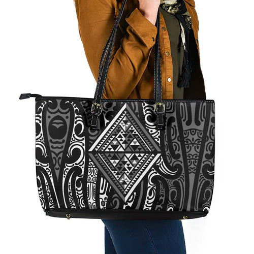 New Zealand Maori Taniko Leather Tote Bag Black Kowhaiwhai Puhoro