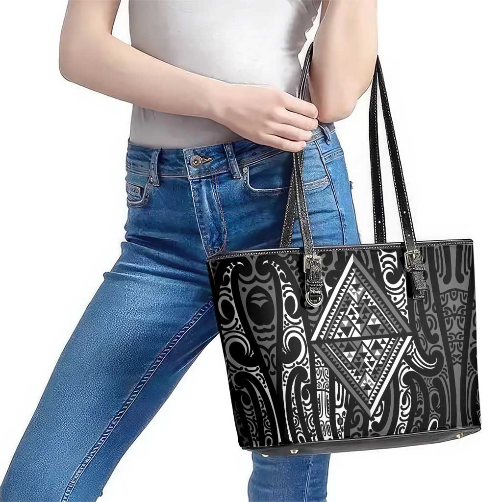 New Zealand Maori Taniko Leather Tote Bag Black Kowhaiwhai Puhoro