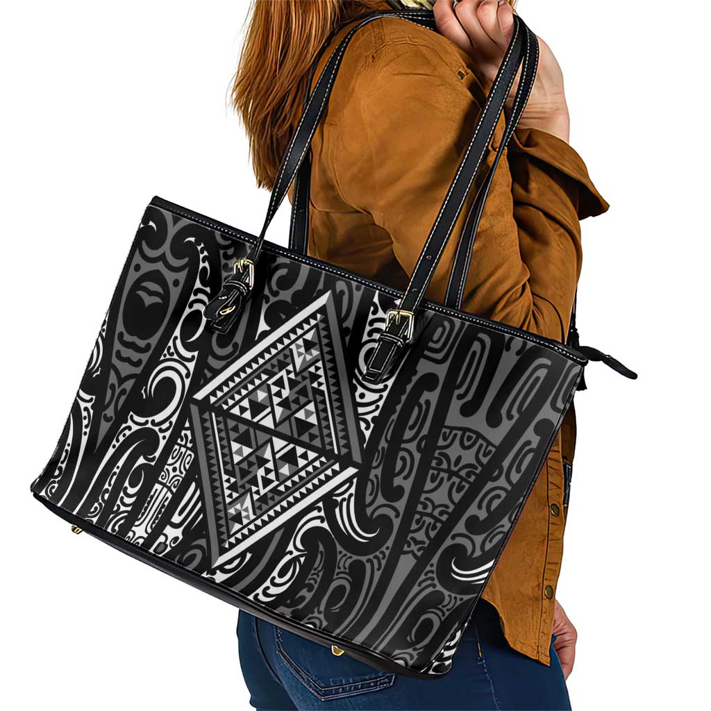 New Zealand Maori Taniko Leather Tote Bag Black Kowhaiwhai Puhoro