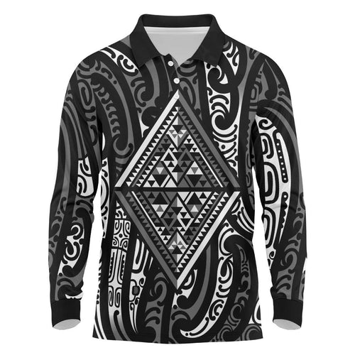 New Zealand Maori Taniko Long Sleeve Polo Shirt Black Kowhaiwhai Puhoro