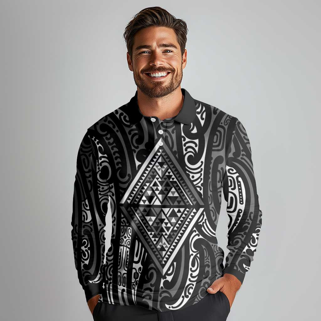 New Zealand Maori Taniko Long Sleeve Polo Shirt Black Kowhaiwhai Puhoro