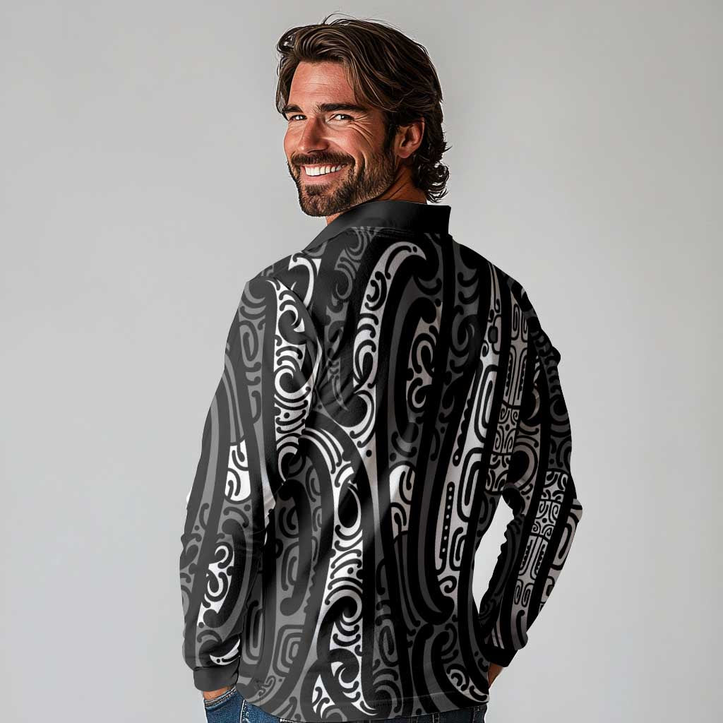 New Zealand Maori Taniko Long Sleeve Polo Shirt Black Kowhaiwhai Puhoro