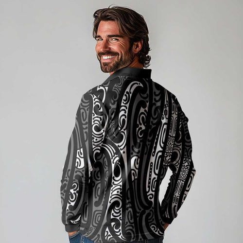 New Zealand Maori Taniko Long Sleeve Polo Shirt Black Kowhaiwhai Puhoro