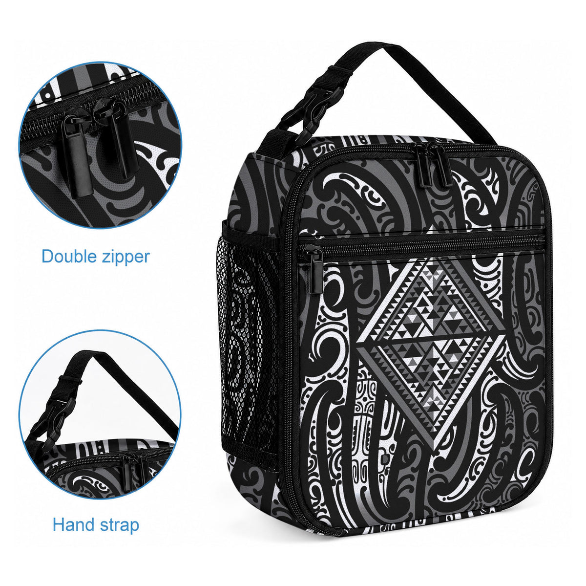 New Zealand Maori Taniko Lunch Bag Black Kowhaiwhai Puhoro