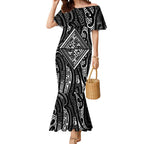 New Zealand Maori Taniko Mermaid Dress Black Kowhaiwhai Puhoro