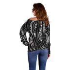 New Zealand Maori Taniko Off Shoulder Sweater Black Kowhaiwhai Puhoro
