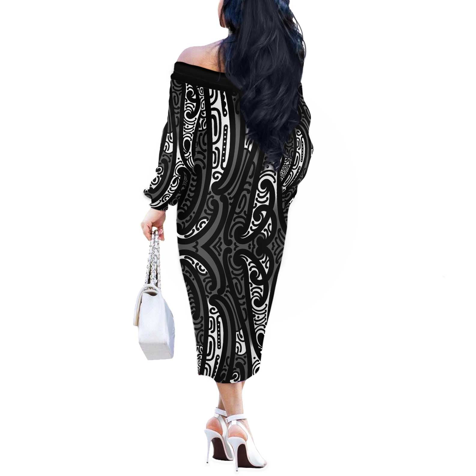 New Zealand Maori Taniko Off The Shoulder Long Sleeve Dress Black Kowhaiwhai Puhoro