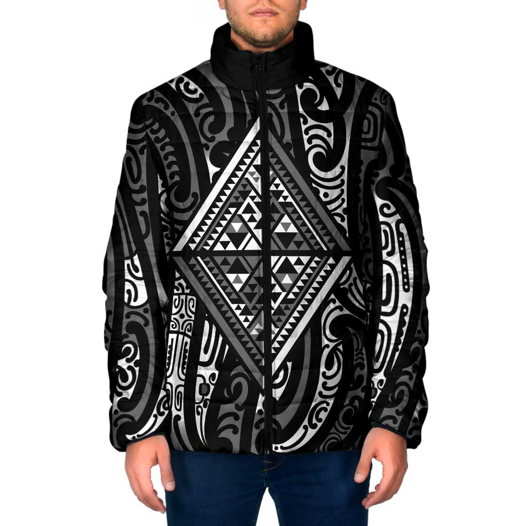 New Zealand Maori Taniko Padded Jacket Black Kowhaiwhai Puhoro - Aussie Hoodie