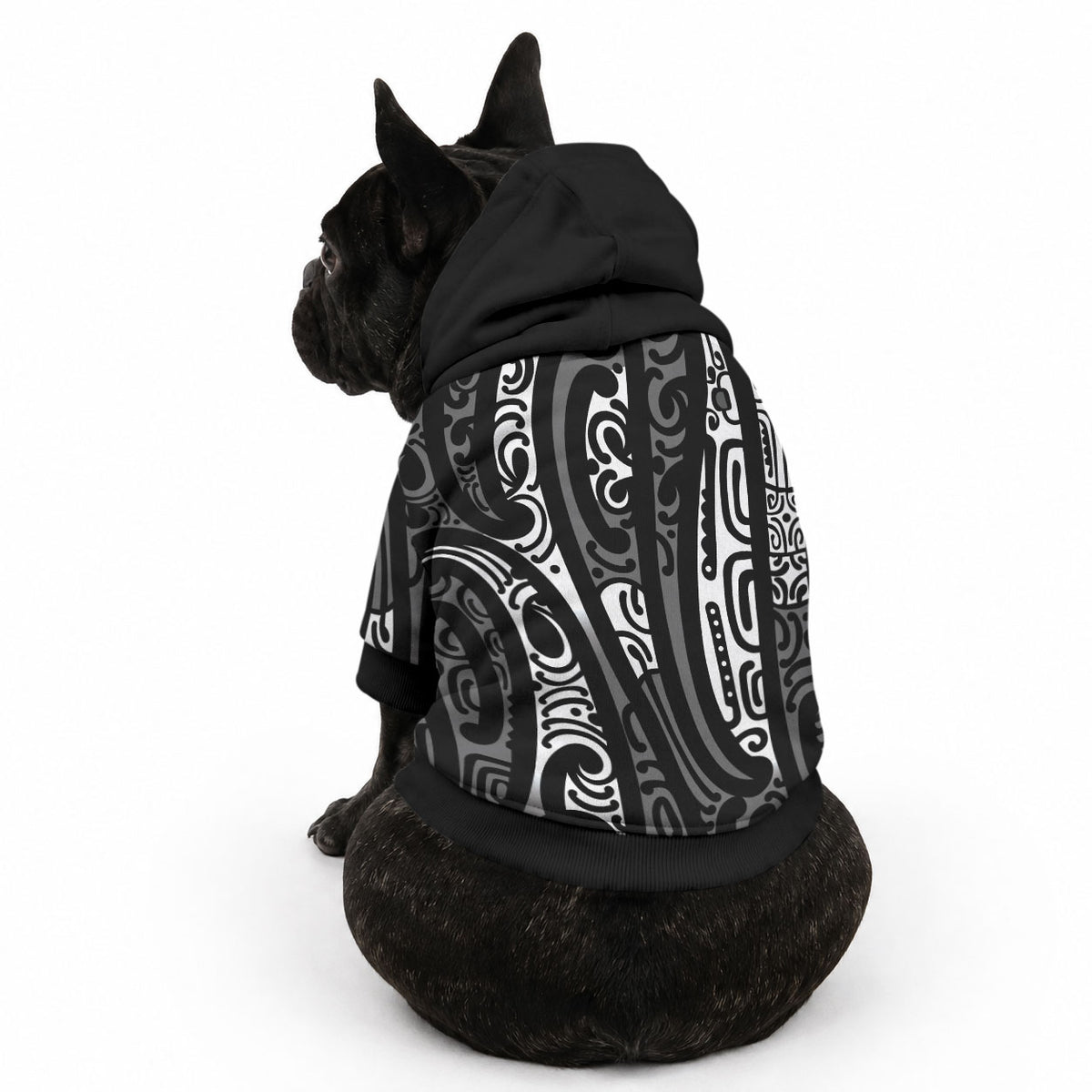 New Zealand Maori Taniko Pet Hoodie Black Kowhaiwhai Puhoro