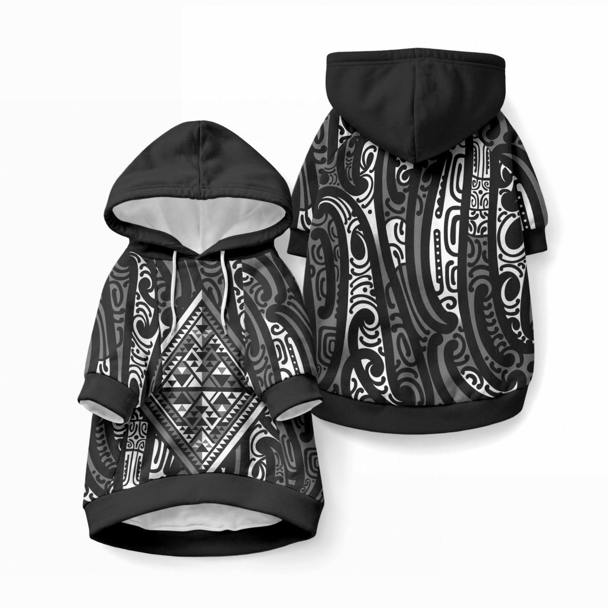 New Zealand Maori Taniko Pet Hoodie Black Kowhaiwhai Puhoro
