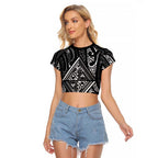 New Zealand Maori Taniko Raglan Cropped T Shirt Black Kowhaiwhai Puhoro