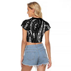 New Zealand Maori Taniko Raglan Cropped T Shirt Black Kowhaiwhai Puhoro