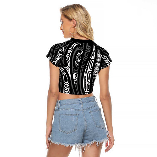 New Zealand Maori Taniko Raglan Cropped T Shirt Black Kowhaiwhai Puhoro