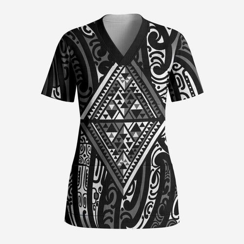 New Zealand Maori Taniko Scrub Top Black Kowhaiwhai Puhoro - Aussie Hoodie