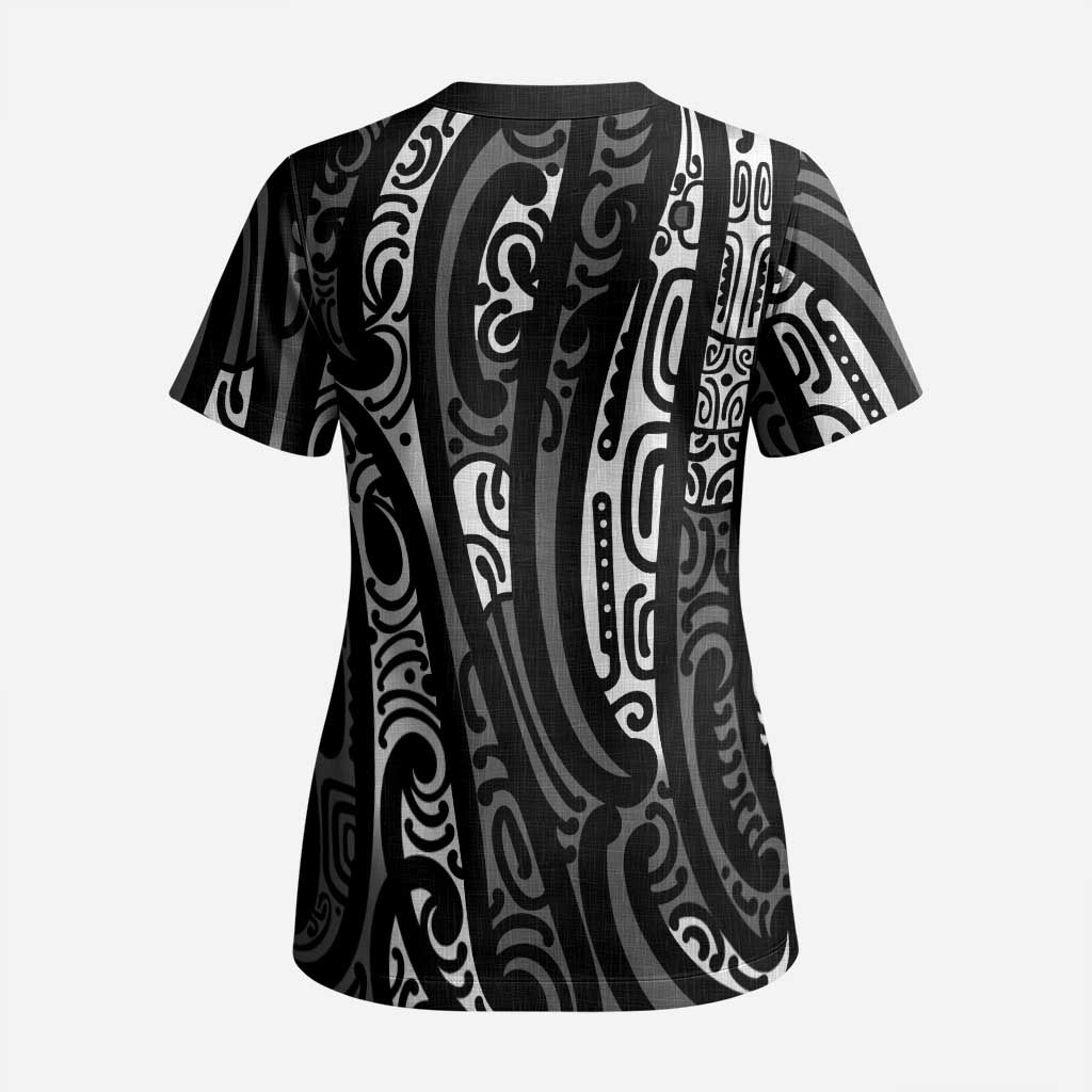 New Zealand Maori Taniko Scrub Top Black Kowhaiwhai Puhoro - Aussie Hoodie