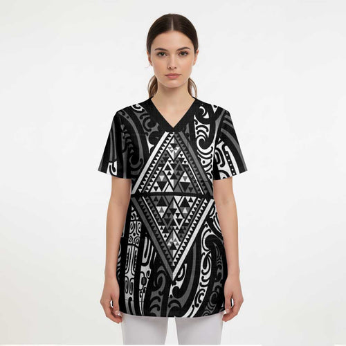 New Zealand Maori Taniko Scrub Top Black Kowhaiwhai Puhoro - Aussie Hoodie
