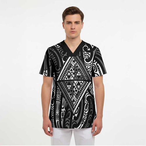 New Zealand Maori Taniko Scrub Top Black Kowhaiwhai Puhoro - Aussie Hoodie