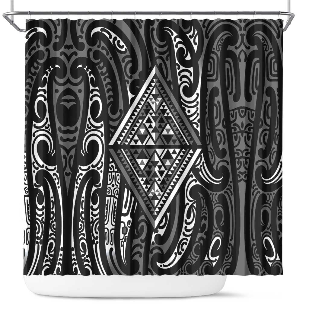 New Zealand Maori Taniko Shower Curtain Black Kowhaiwhai Puhoro