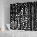 New Zealand Maori Taniko Shower Curtain Black Kowhaiwhai Puhoro