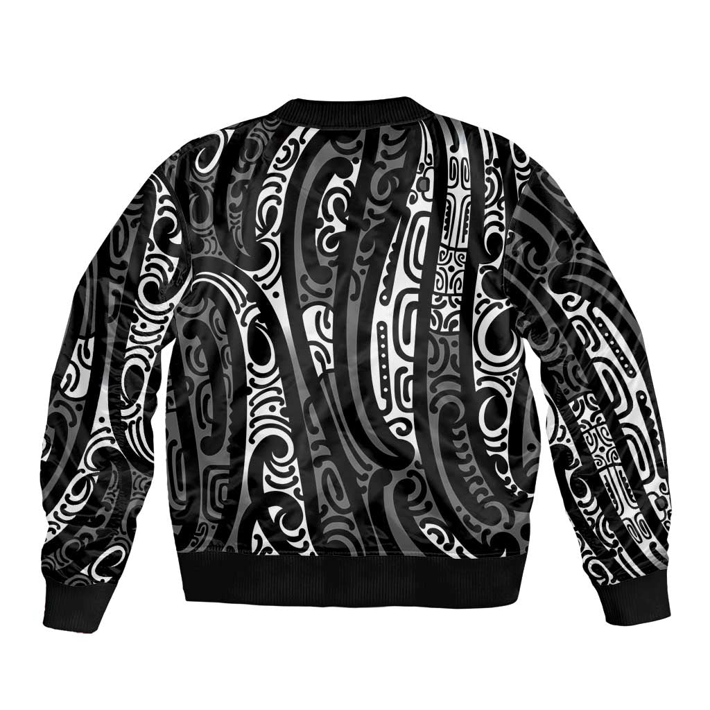 New Zealand Maori Taniko Sleeve Zip Bomber Jacket Black Kowhaiwhai Puhoro