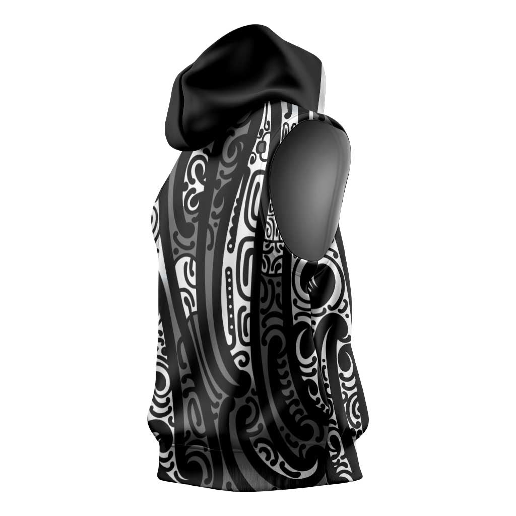 New Zealand Maori Taniko Sleeveless Hoodie Black Kowhaiwhai Puhoro - Aussie Hoodie
