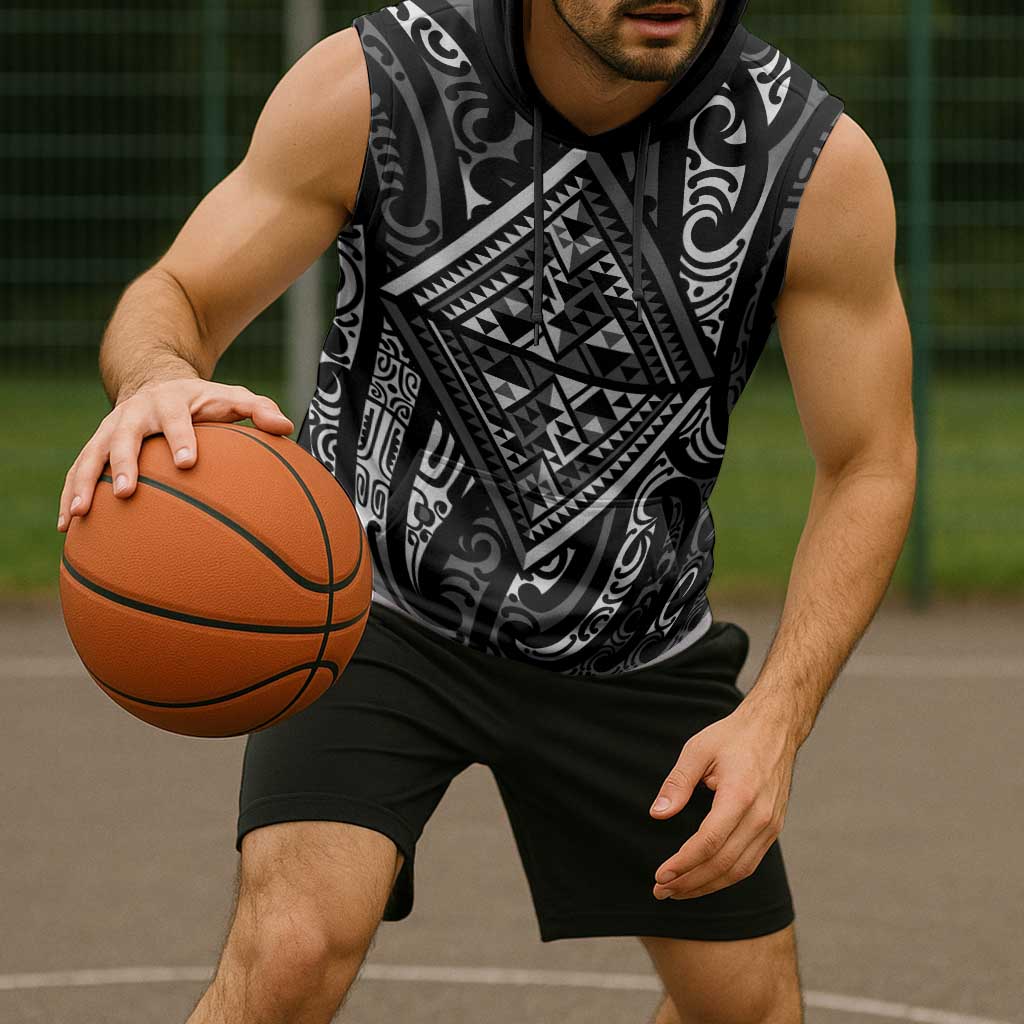 New Zealand Maori Taniko Sleeveless Hoodie Black Kowhaiwhai Puhoro - Aussie Hoodie