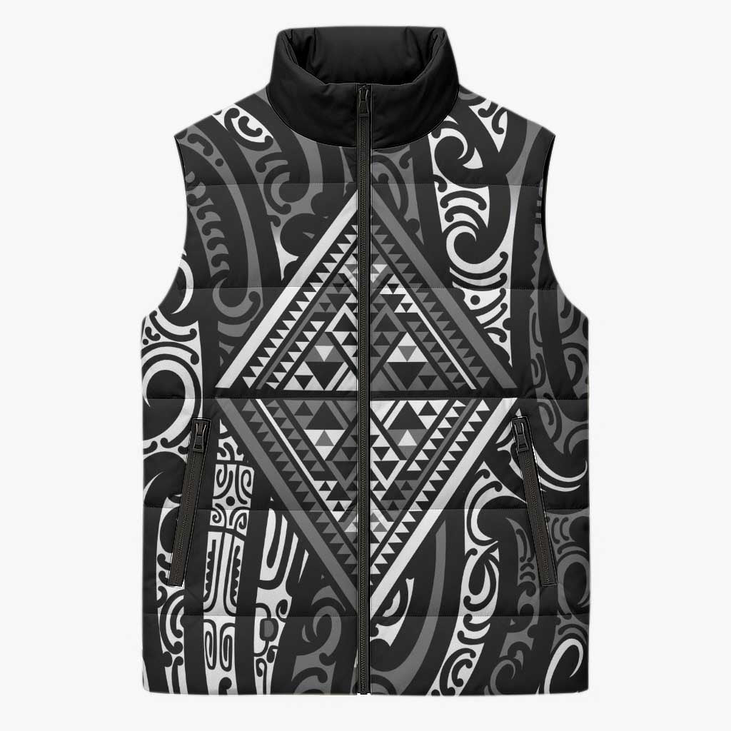 New Zealand Maori Taniko Sleeveless Puffer Jacket Black Kowhaiwhai Puhoro - Aussie Hoodie