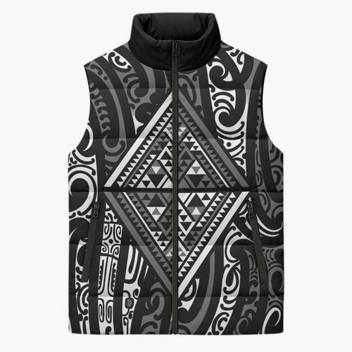 New Zealand Maori Taniko Sleeveless Puffer Jacket Black Kowhaiwhai Puhoro - Aussie Hoodie
