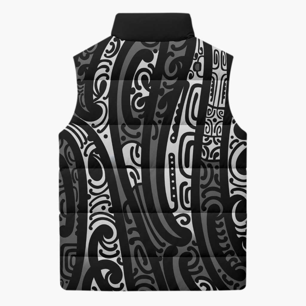 New Zealand Maori Taniko Sleeveless Puffer Jacket Black Kowhaiwhai Puhoro - Aussie Hoodie