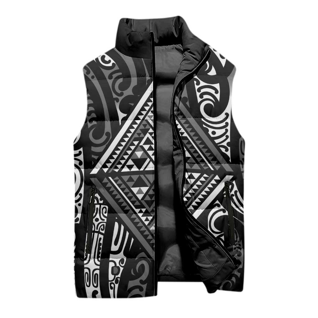 New Zealand Maori Taniko Sleeveless Puffer Jacket Black Kowhaiwhai Puhoro - Aussie Hoodie