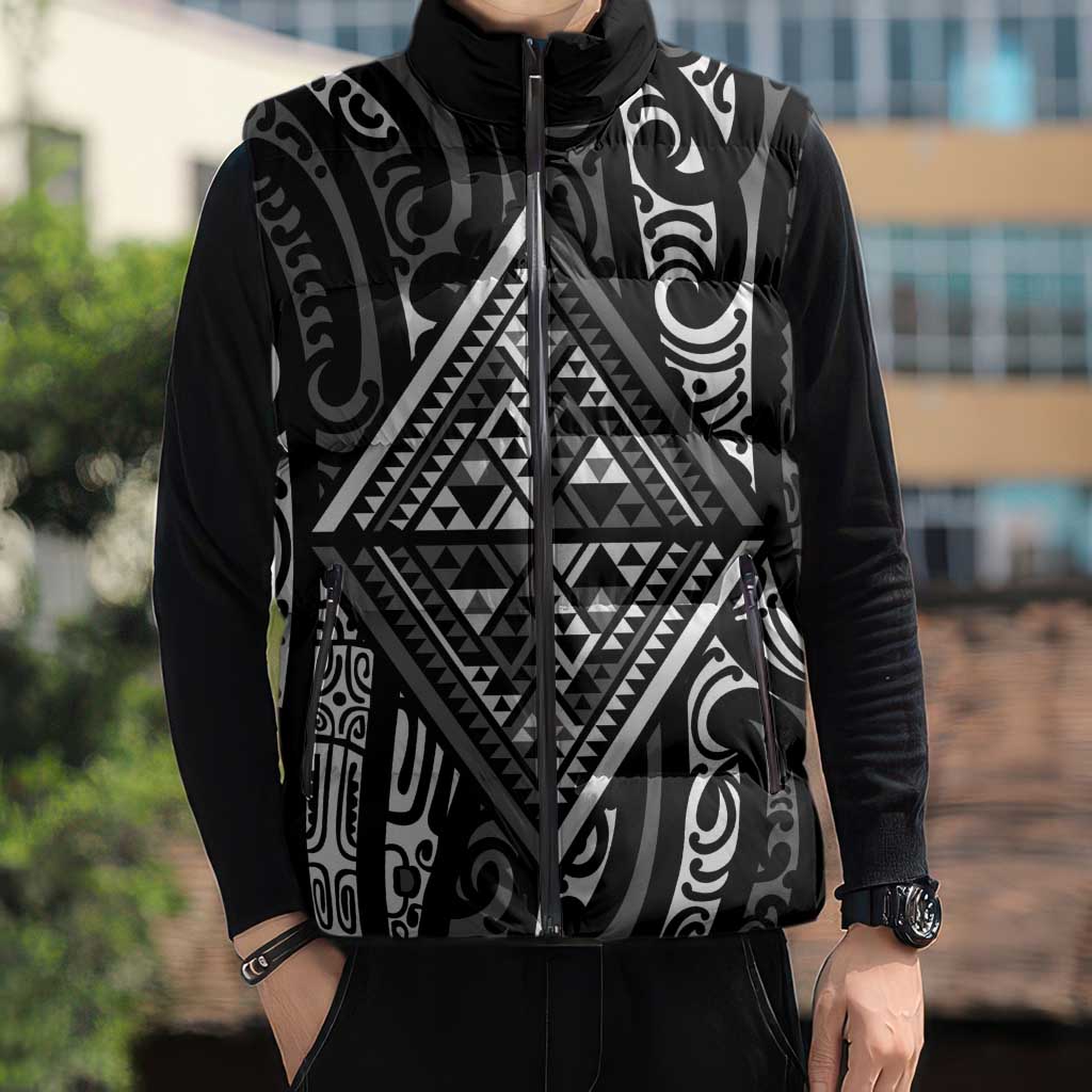 New Zealand Maori Taniko Sleeveless Puffer Jacket Black Kowhaiwhai Puhoro - Aussie Hoodie