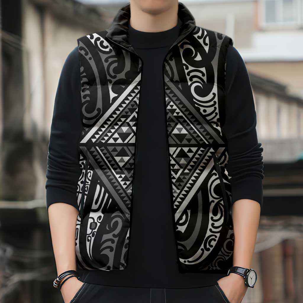 New Zealand Maori Taniko Sleeveless Puffer Jacket Black Kowhaiwhai Puhoro - Aussie Hoodie