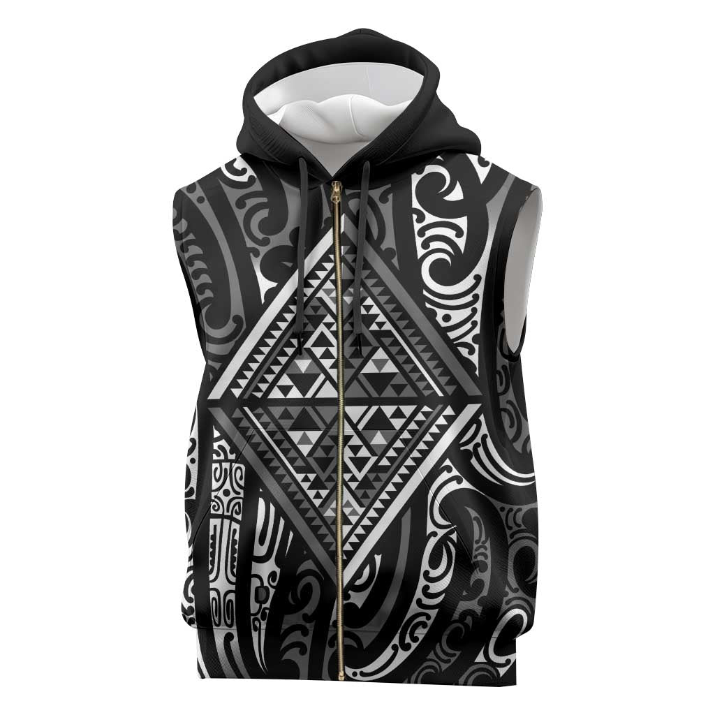 New Zealand Maori Taniko Sleeveless Zip Hoodie Black Kowhaiwhai Puhoro - Aussie Hoodie