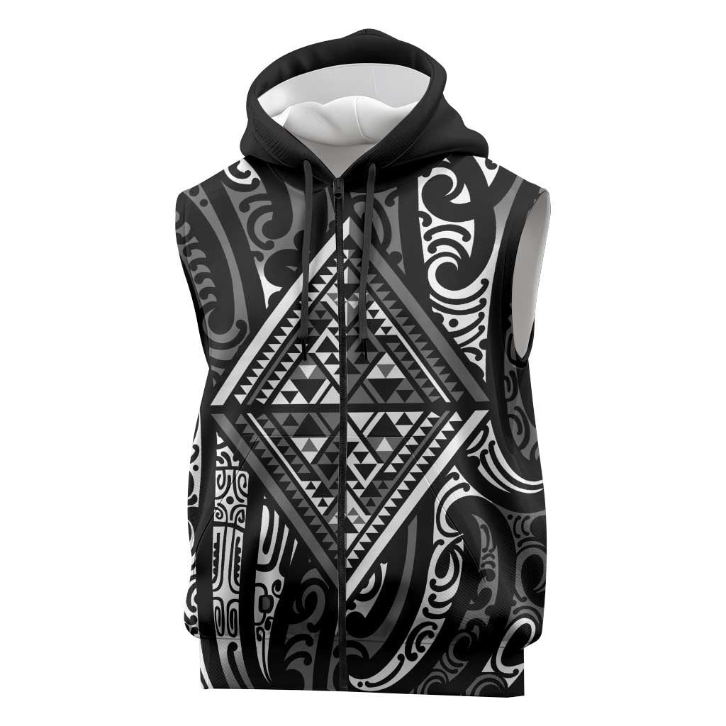 New Zealand Maori Taniko Sleeveless Zip Hoodie Black Kowhaiwhai Puhoro LT9