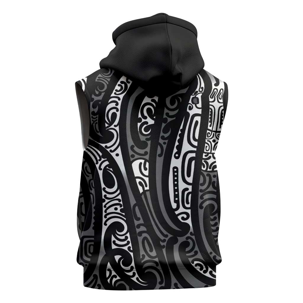 New Zealand Maori Taniko Sleeveless Zip Hoodie Black Kowhaiwhai Puhoro - Aussie Hoodie