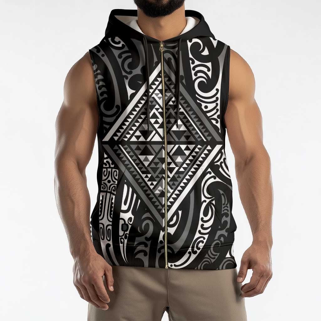 New Zealand Maori Taniko Sleeveless Zip Hoodie Black Kowhaiwhai Puhoro - Aussie Hoodie