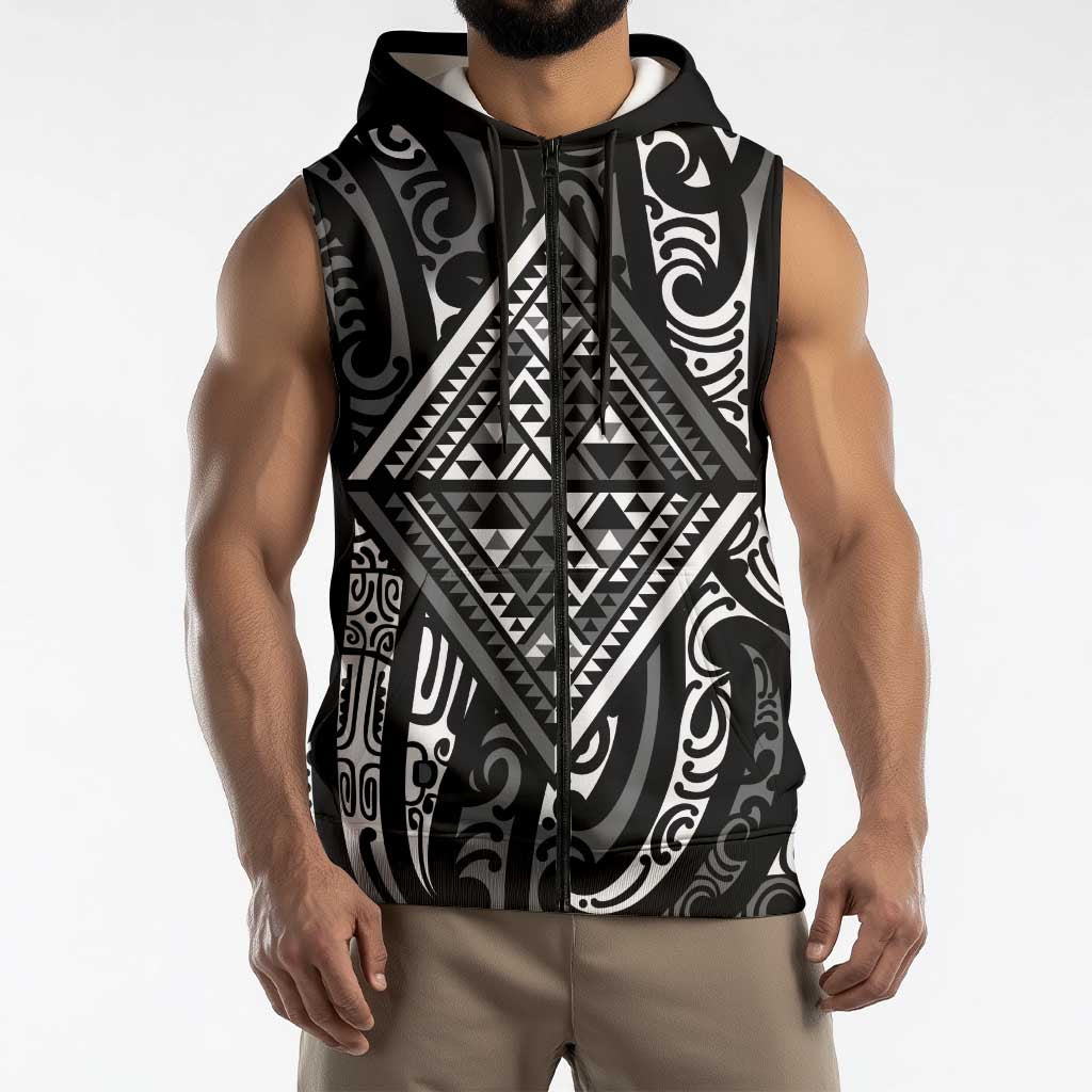 New Zealand Maori Taniko Sleeveless Zip Hoodie Black Kowhaiwhai Puhoro LT9