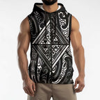 New Zealand Maori Taniko Sleeveless Zip Hoodie Black Kowhaiwhai Puhoro LT9