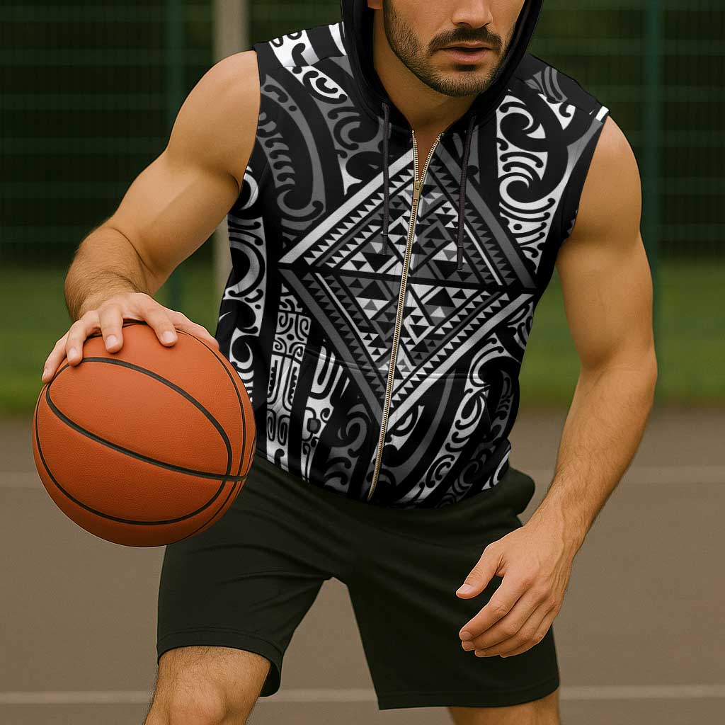 New Zealand Maori Taniko Sleeveless Zip Hoodie Black Kowhaiwhai Puhoro - Aussie Hoodie