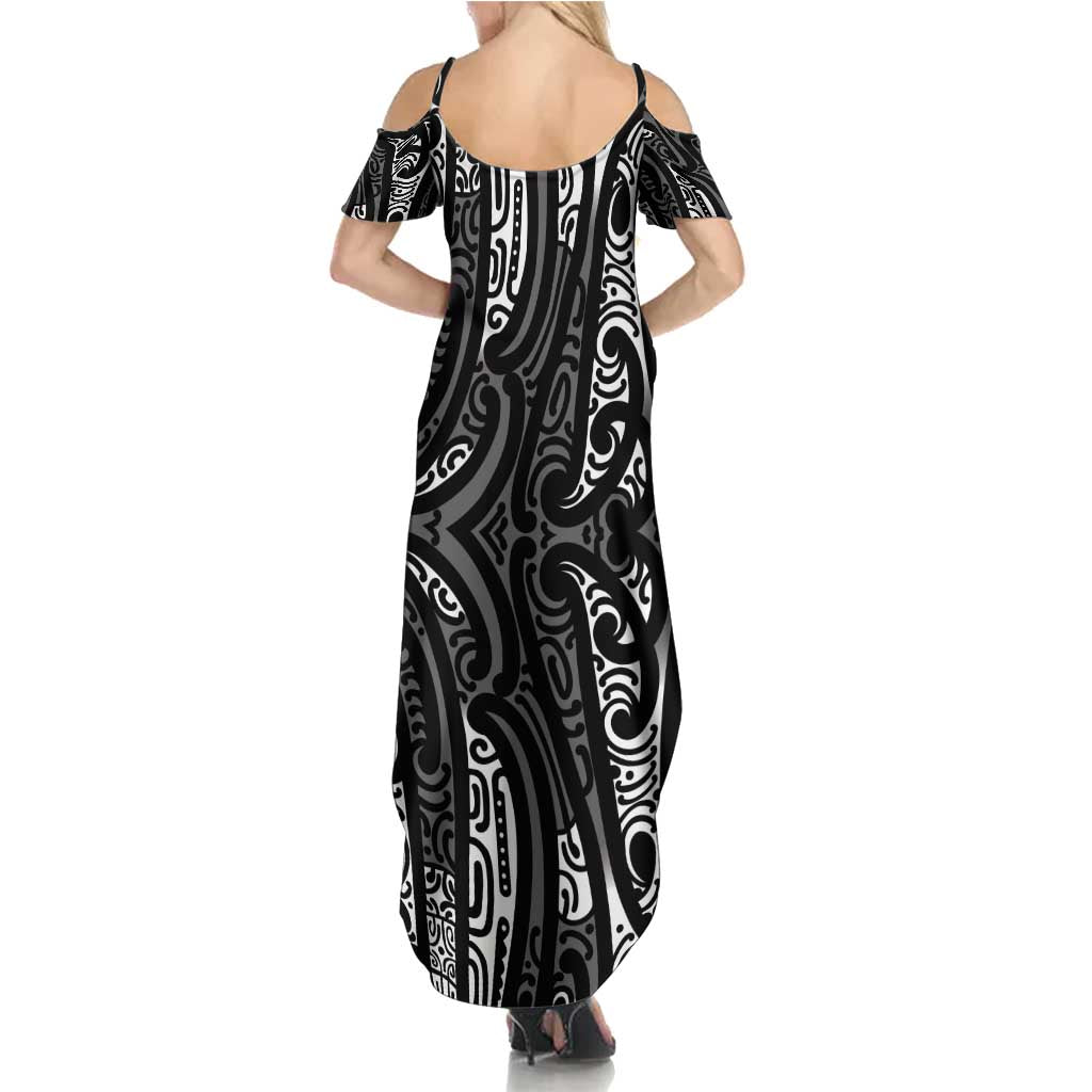 New Zealand Maori Taniko Summer Maxi Dress Black Kowhaiwhai Puhoro