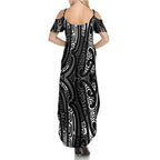 New Zealand Maori Taniko Summer Maxi Dress Black Kowhaiwhai Puhoro