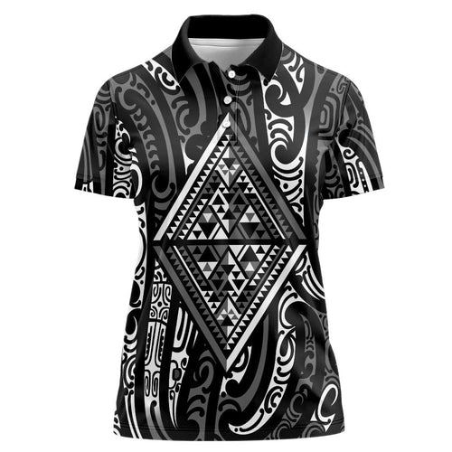 New Zealand Maori Taniko Women Polo Shirt Black Kowhaiwhai Puhoro
