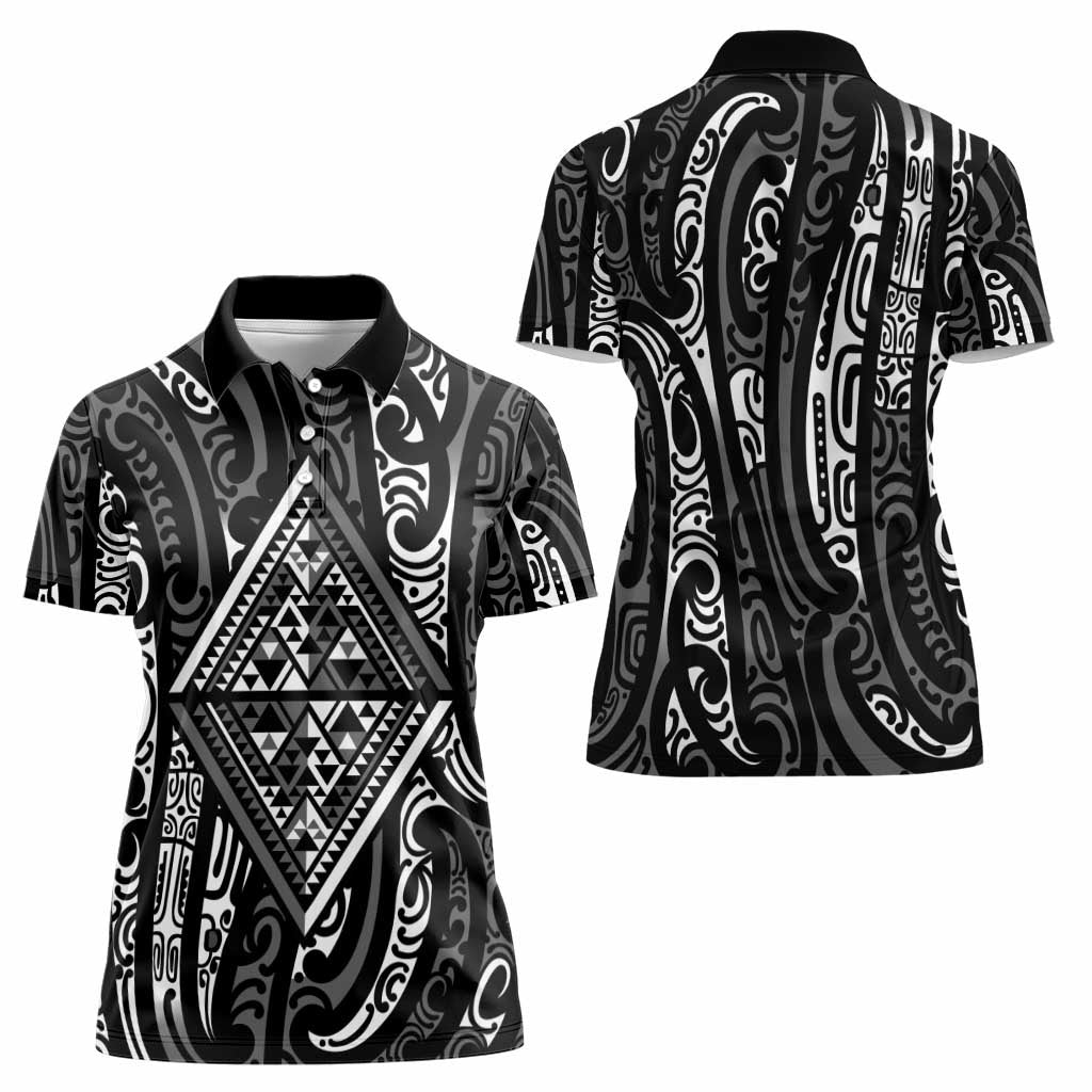 New Zealand Maori Taniko Women Polo Shirt Black Kowhaiwhai Puhoro