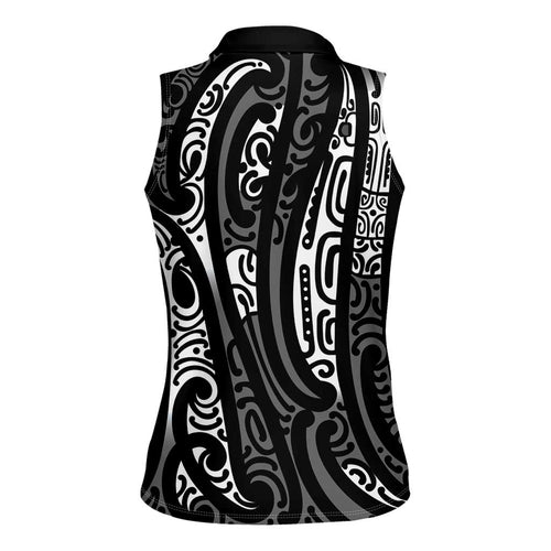 New Zealand Maori Taniko Women Sleeveless Polo Shirt Black Kowhaiwhai Puhoro