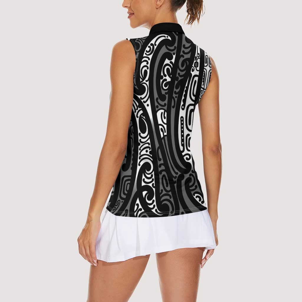 New Zealand Maori Taniko Women Sleeveless Polo Shirt Black Kowhaiwhai Puhoro