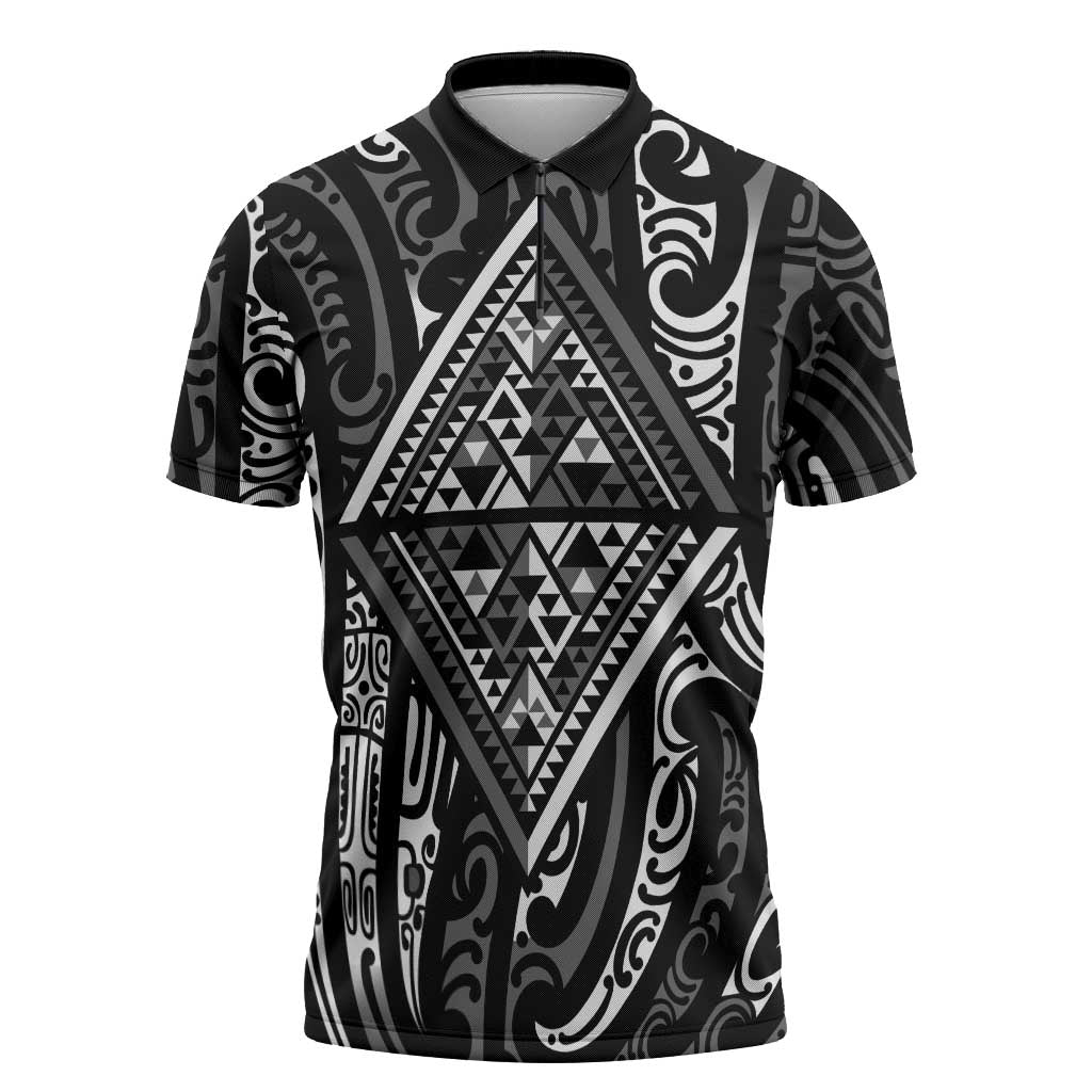 New Zealand Maori Taniko Zipper Polo Shirt Black Kowhaiwhai Puhoro - Aussie Hoodie