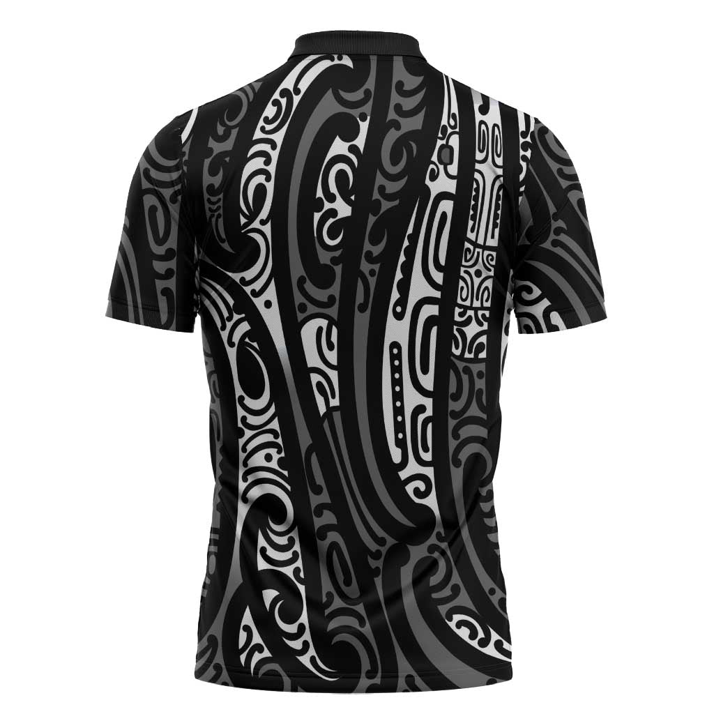 New Zealand Maori Taniko Zipper Polo Shirt Black Kowhaiwhai Puhoro - Aussie Hoodie