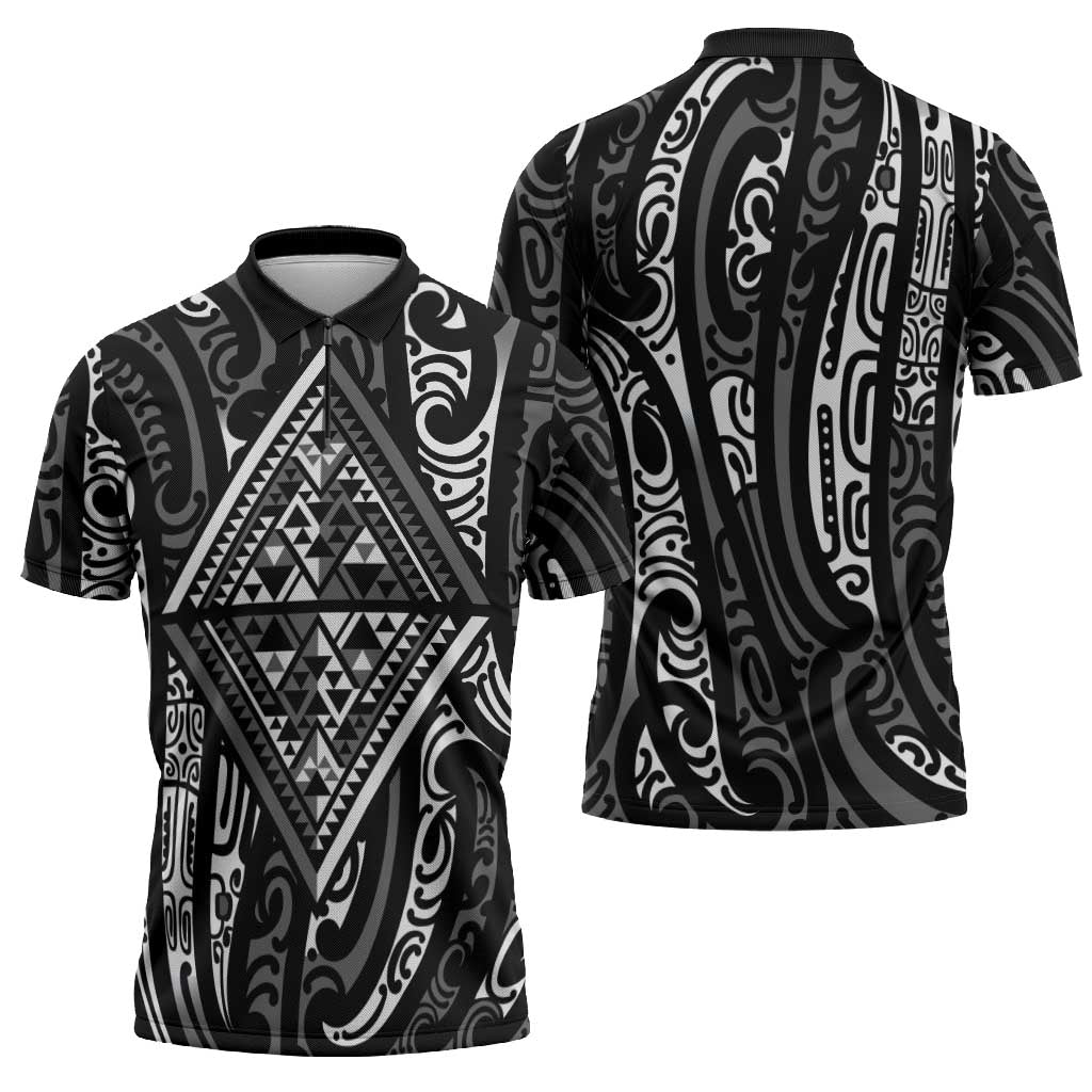 New Zealand Maori Taniko Zipper Polo Shirt Black Kowhaiwhai Puhoro - Aussie Hoodie