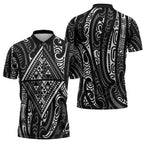 New Zealand Maori Taniko Zipper Polo Shirt Black Kowhaiwhai Puhoro - Aussie Hoodie